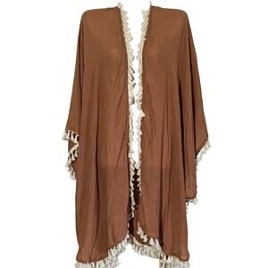 Torrid Kimono Ruana Styled with Tassel Trim One Size Brown Boho